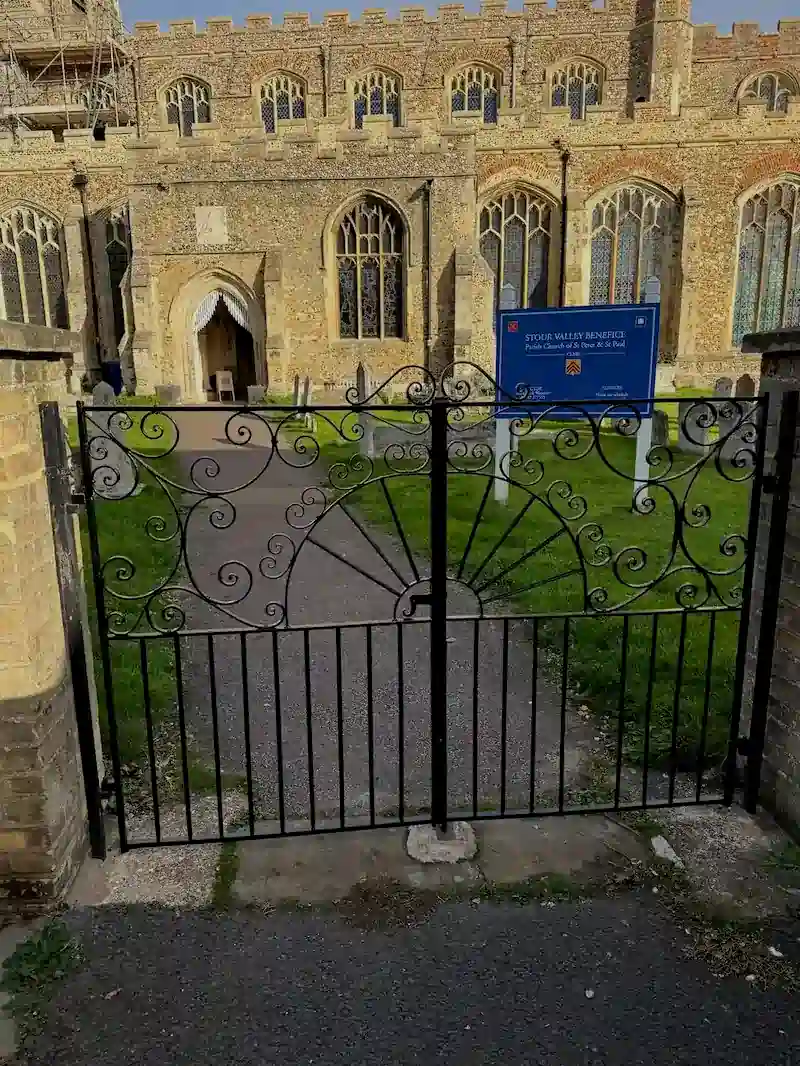 Double gates powder coated black for Clare Church, Suffolk — ecclesiastical metalwork by Powderplus Ltd